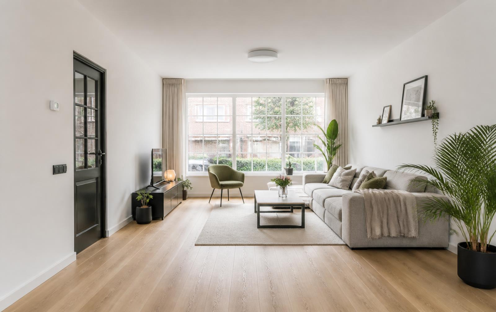 Volledig gerenoveerde lichte woonkamer met nieuwe laminaatvloer en wit schilderwerk